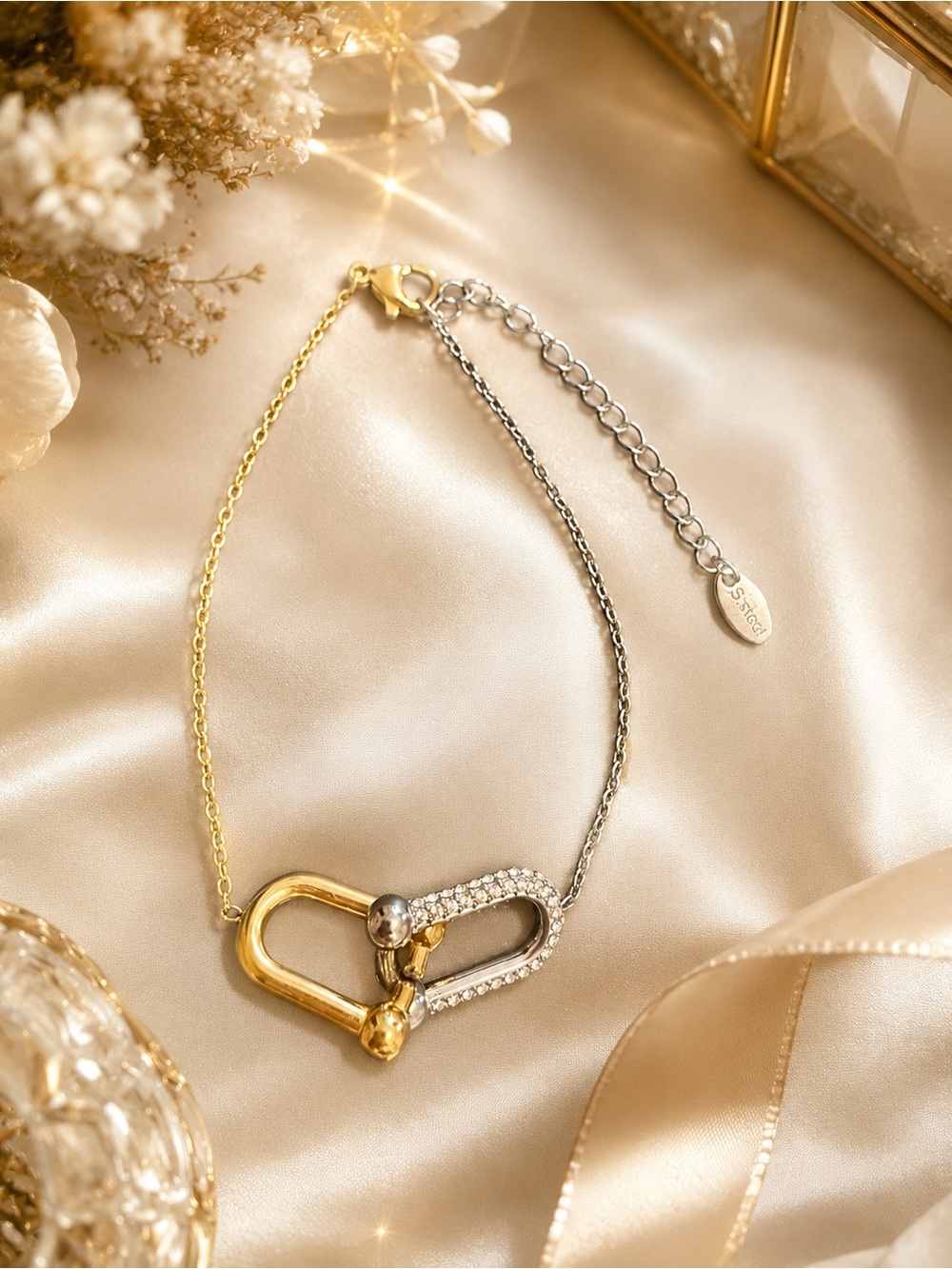 Two-Tone Stainless Steel Pavé Link Bracelet | Gold & Silver | Adjustable
